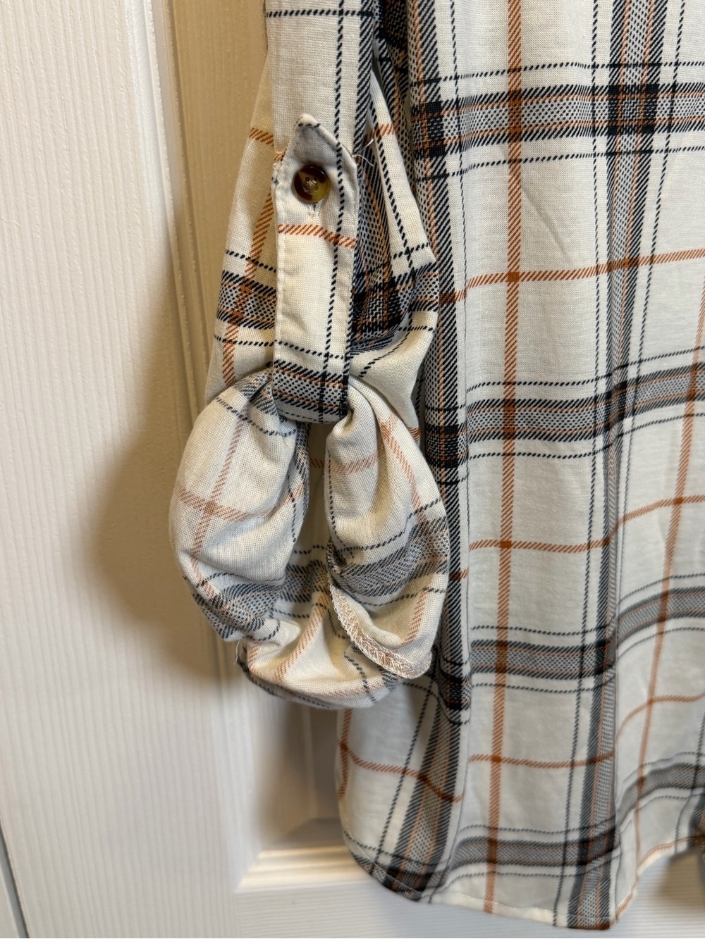 Passport Plaid Button Front Roll Tab Sleeve Shirt XL Beige Black Orange - Picture 4 of 6